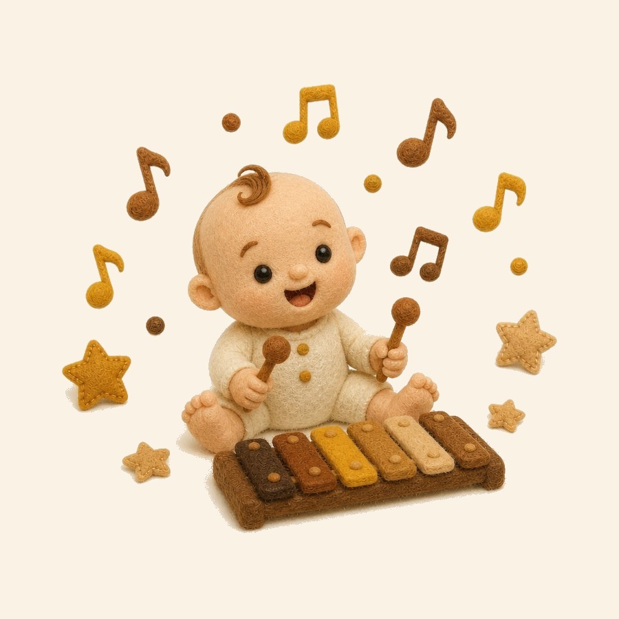 Bebé de fieltro escuchando notas musicales con un adulto cantando