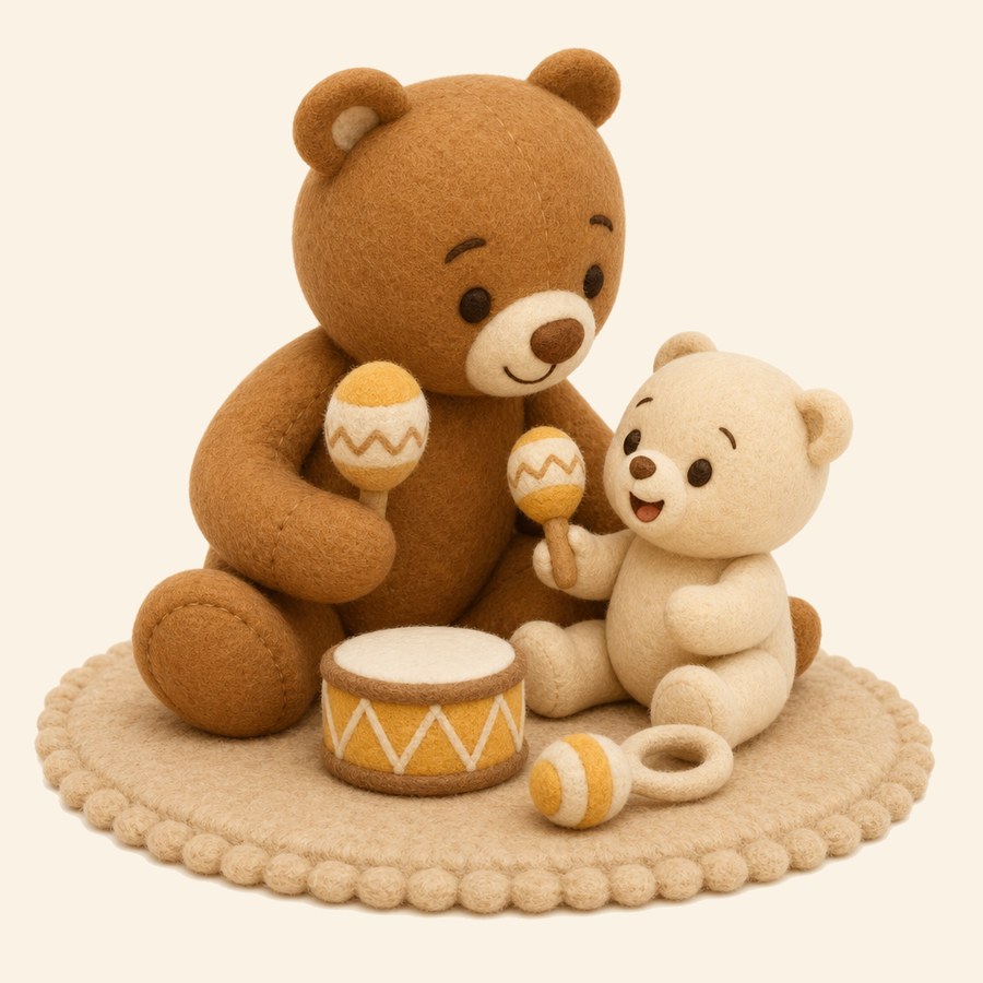 Padre o madre jugando con su bebé y juguetes musicales de fieltro en casa