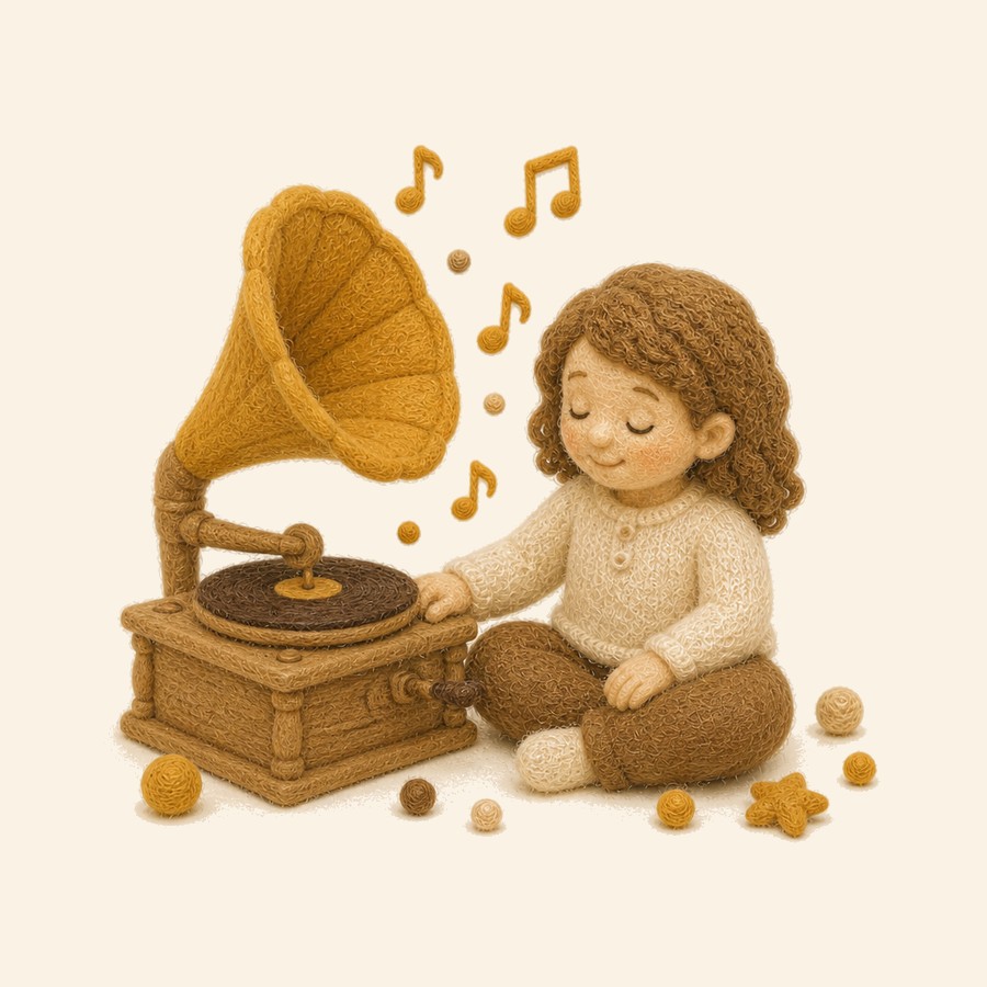Niño de fieltro escuchando un reproductor de audio de madera sin pantalla