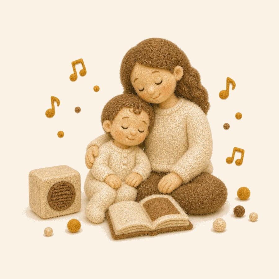 Adulto y niño de fieltro con un cuento en audio y un libro, sin celulares