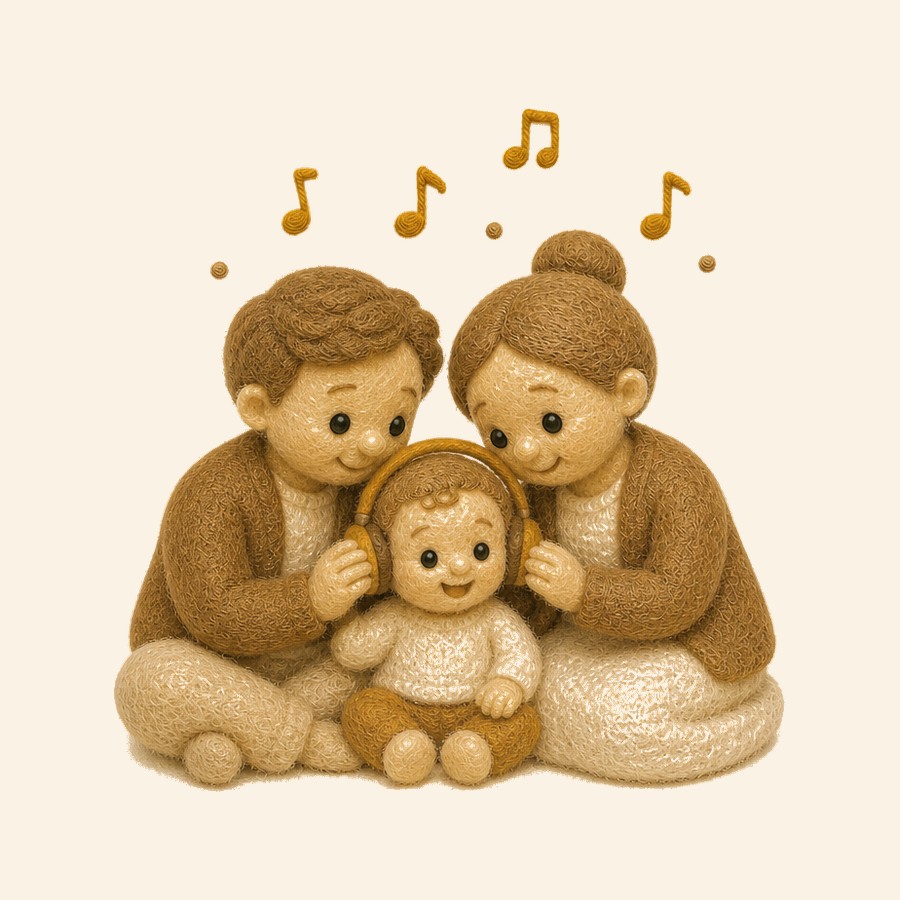 Familia de fieltro escuchando música juntos con notas cálidas