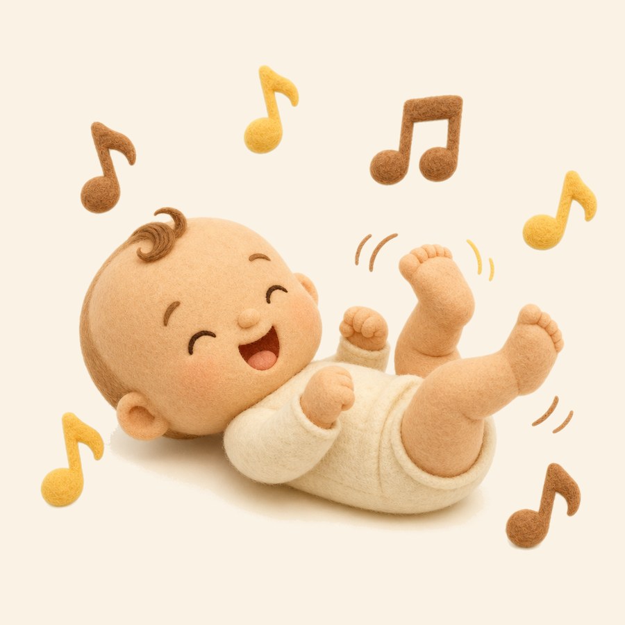 Bebé feliz moviendo los pies al ritmo de notas musicales de fieltro