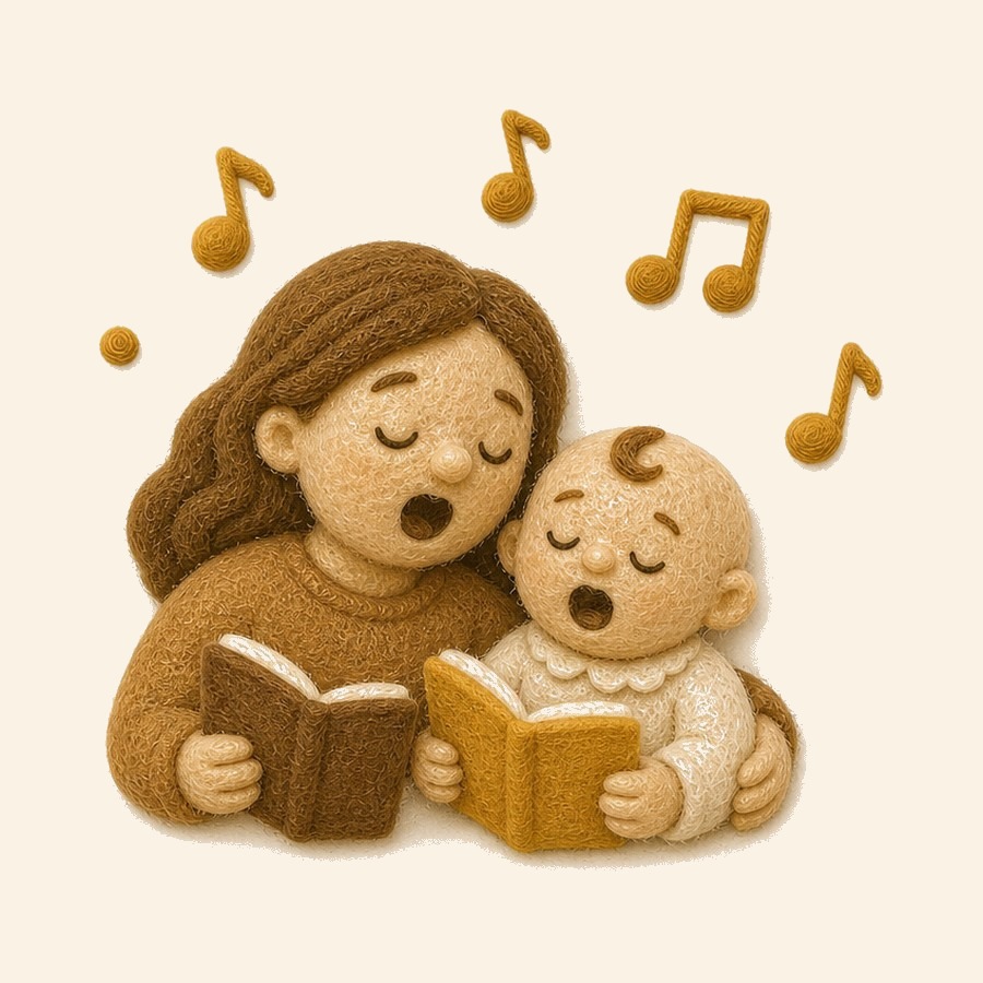 Bebé de fieltro entre notas musicales y globos de diálogo en español e inglés