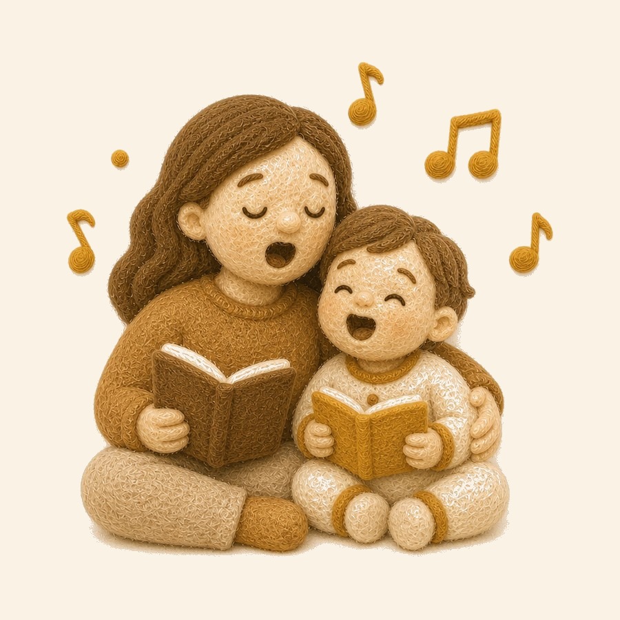 Familia de fieltro cantando con un libro de canciones bilingüe