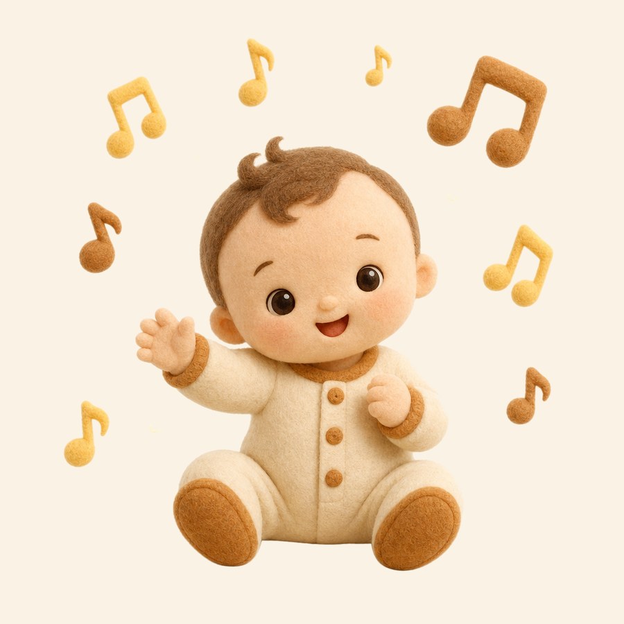 Bebé de fieltro rodeado de notas musicales que sugieren desarrollo