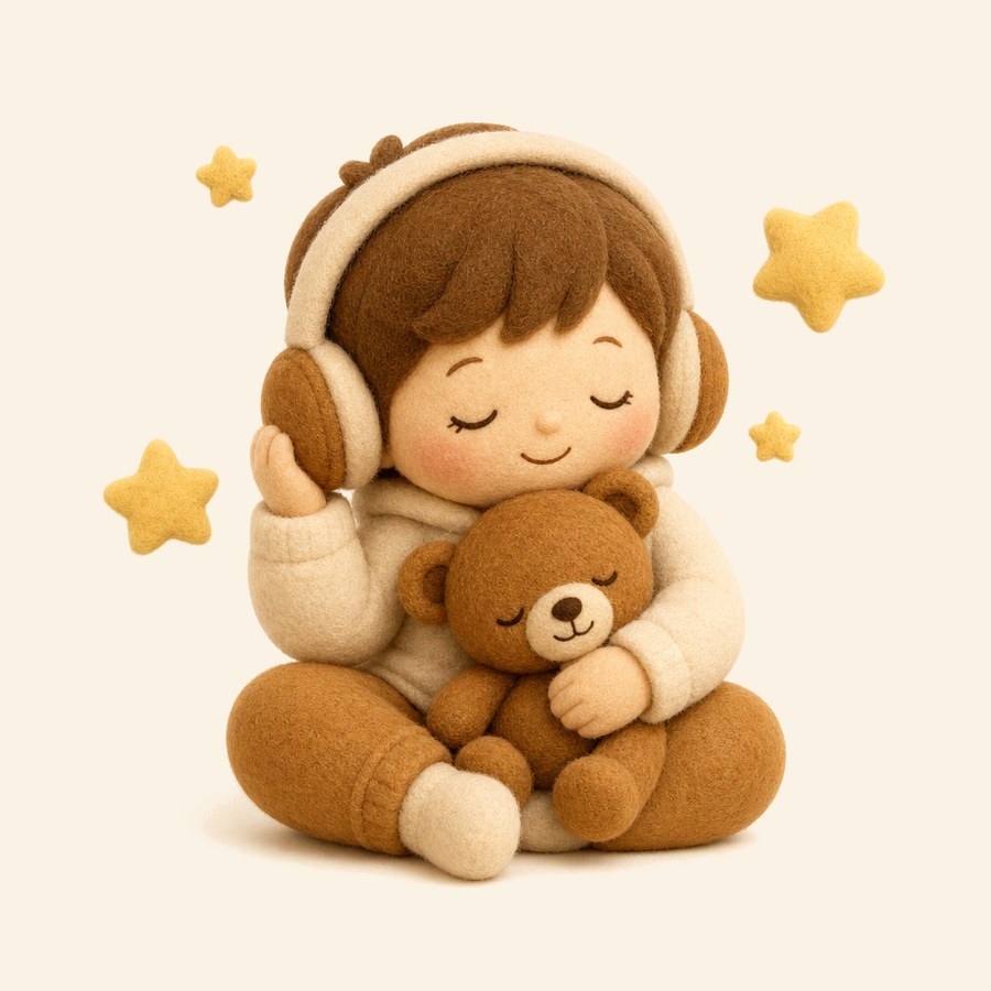Niño escuchando música junto a un osito de peluche y estrellas