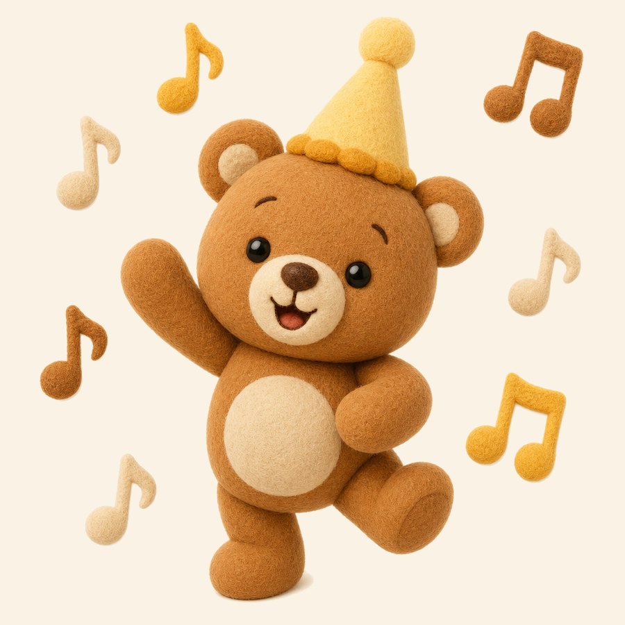 Osito de fieltro con gorro de fiesta y notas musicales