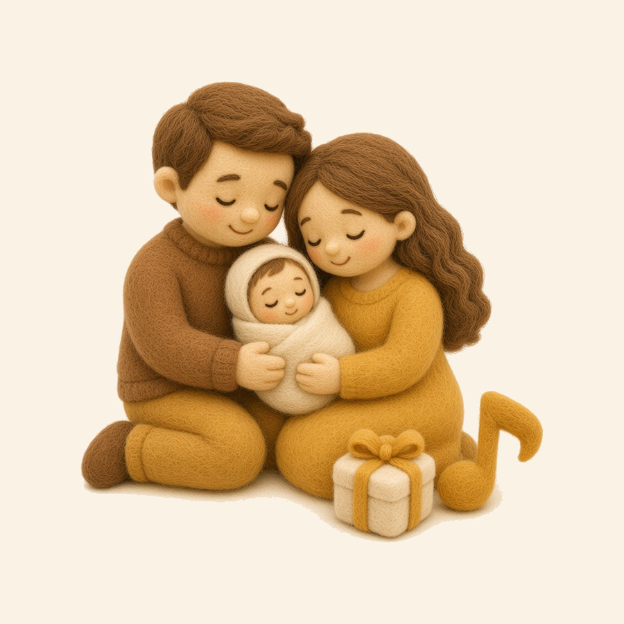 Padres de fieltro sosteniendo a su bebé recién nacido junto a un regalo y una nota musical