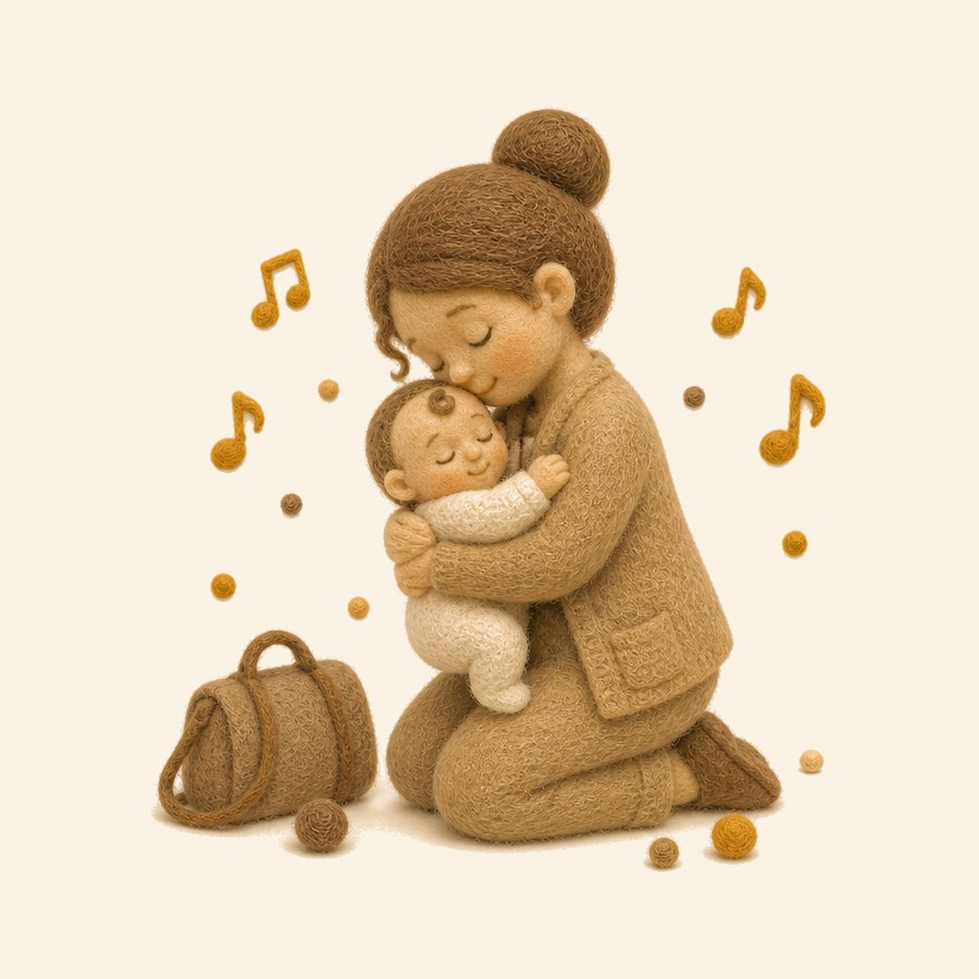 Mamá de fieltro abrazando a su bebé antes de volver al trabajo
