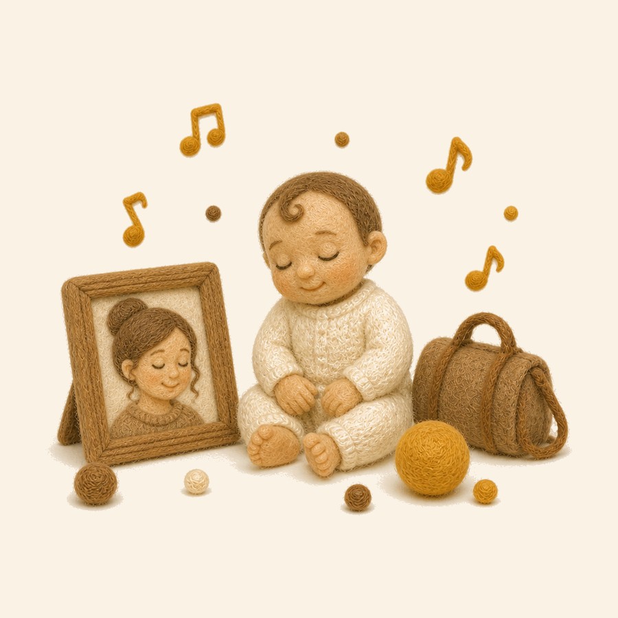 Bebé de fieltro en casa escuchando la canción de mamá