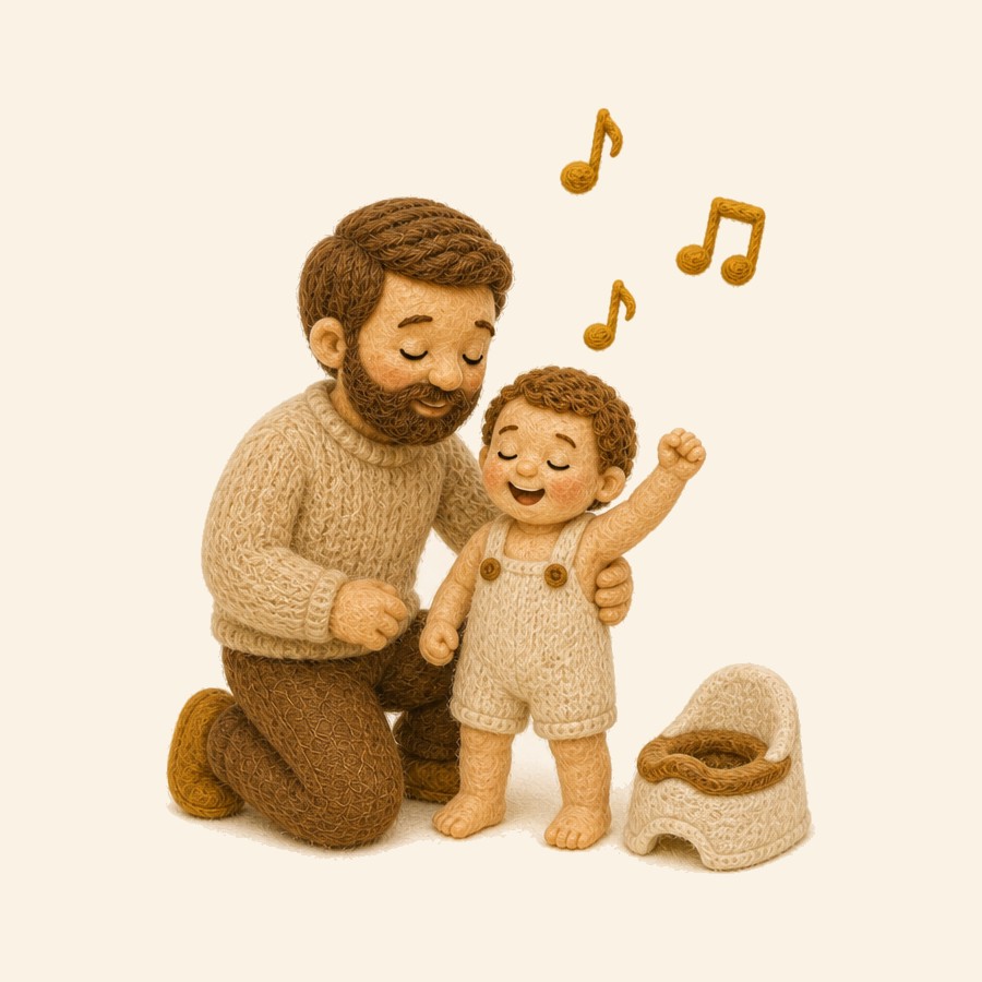 Papá y un niño pequeño celebrando junto al orinal, con notas musicales de fieltro