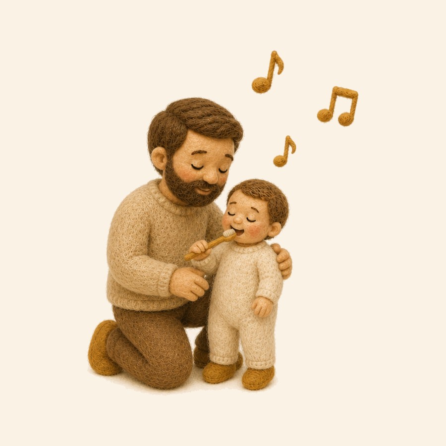 Papá y un niño pequeño cepillándose los dientes juntos, con notas musicales de fieltro