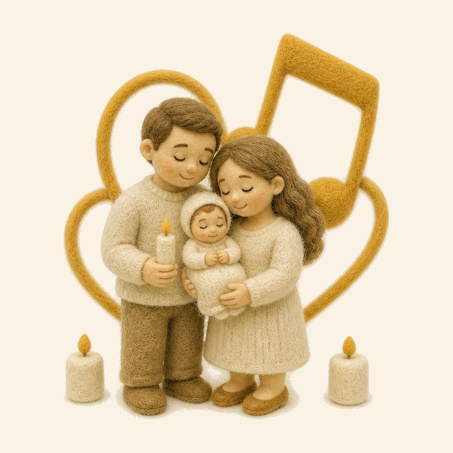 Familia de fieltro reunida en un bautizo con velas y melodía