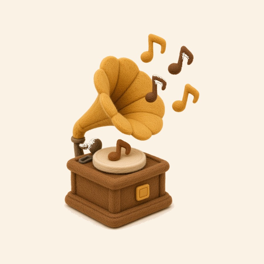 Gramófono de fieltro del que salen notas musicales