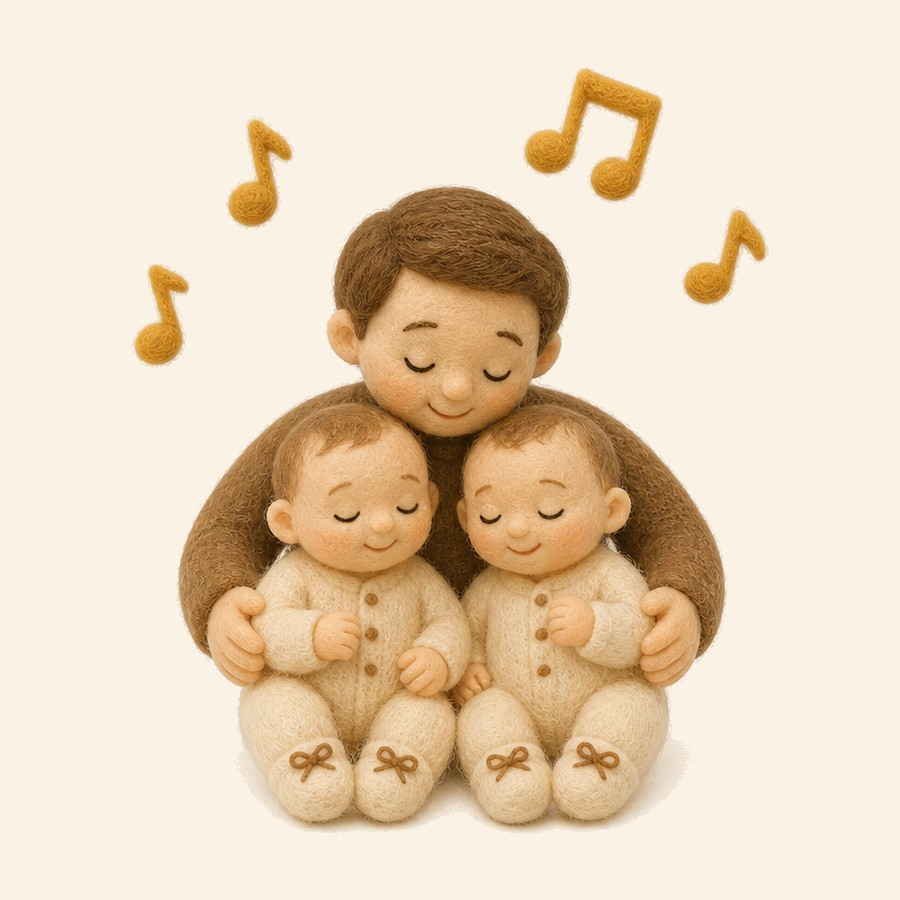 Gemelos de fieltro abrazados por un adulto con notas musicales