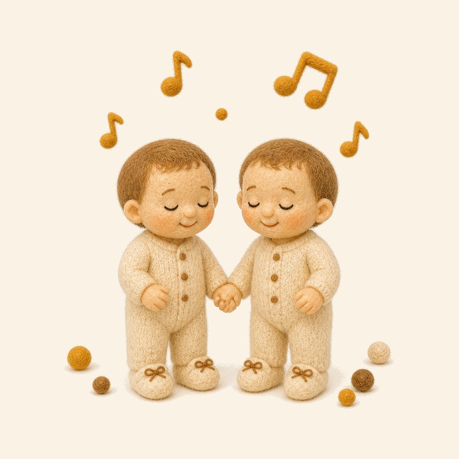 Dos gemelos de fieltro tomados de la mano escuchando la misma canción