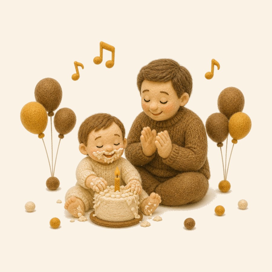 Bebé de fieltro sonriendo con torta en las mejillas en su primer año