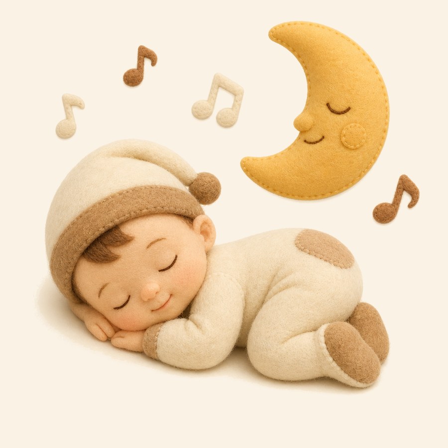 Bebé dormido con luna creciente y notas de nana suaves