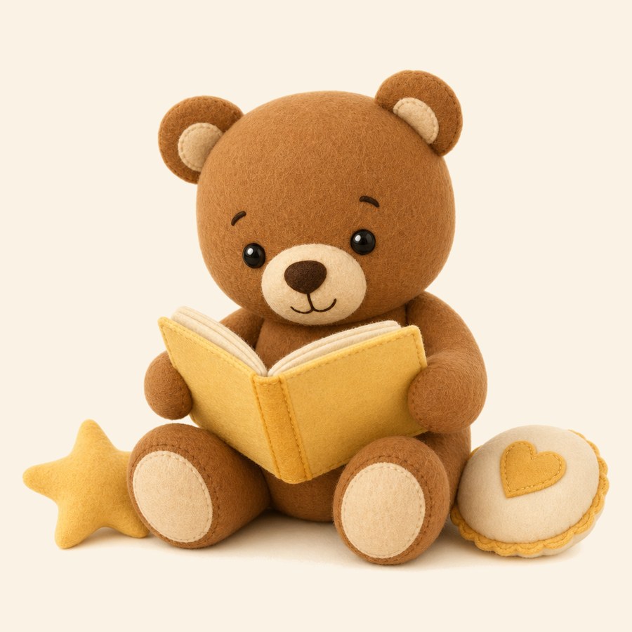 Osito leyendo un pequeño libro de canciones en inglés