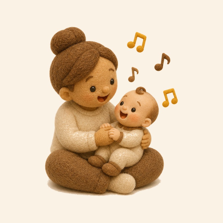 Madre y bebé de fieltro cantando juntos con notas musicales