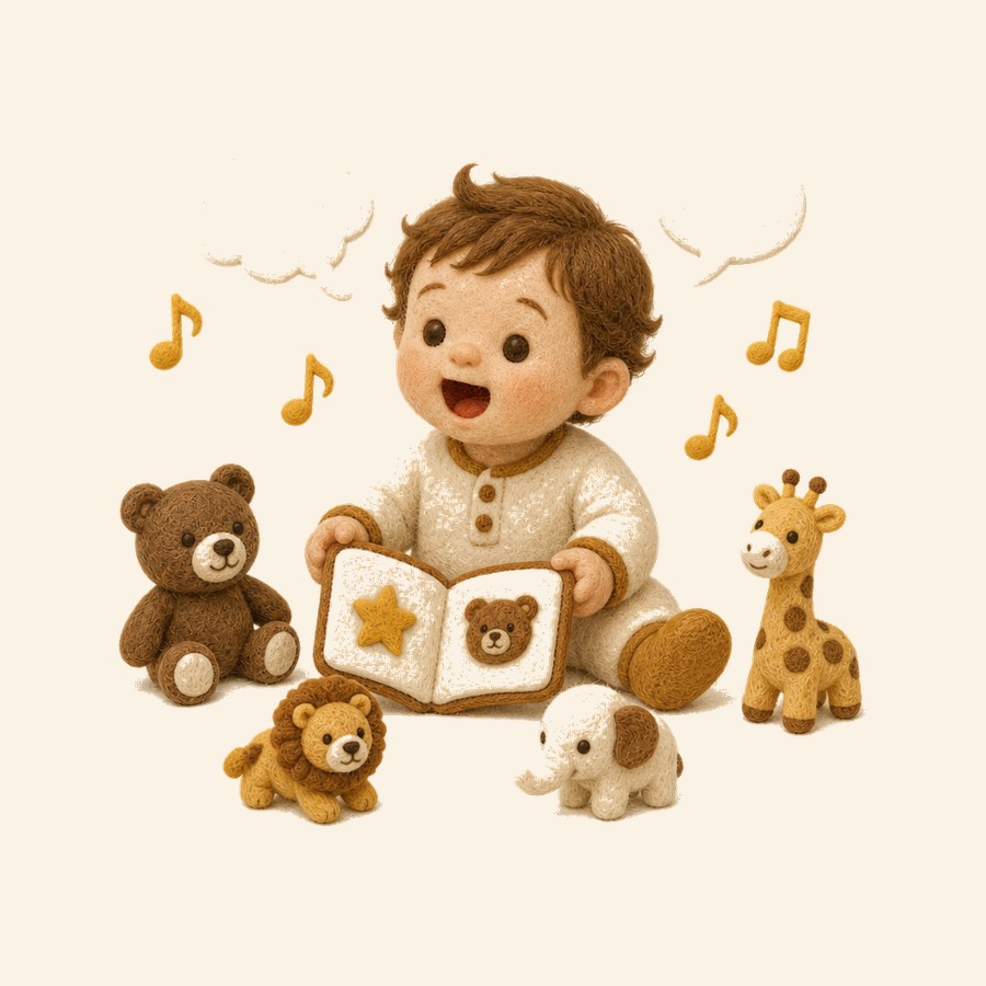 Bebé de fieltro con libro y juguetes musicales estimulando el habla