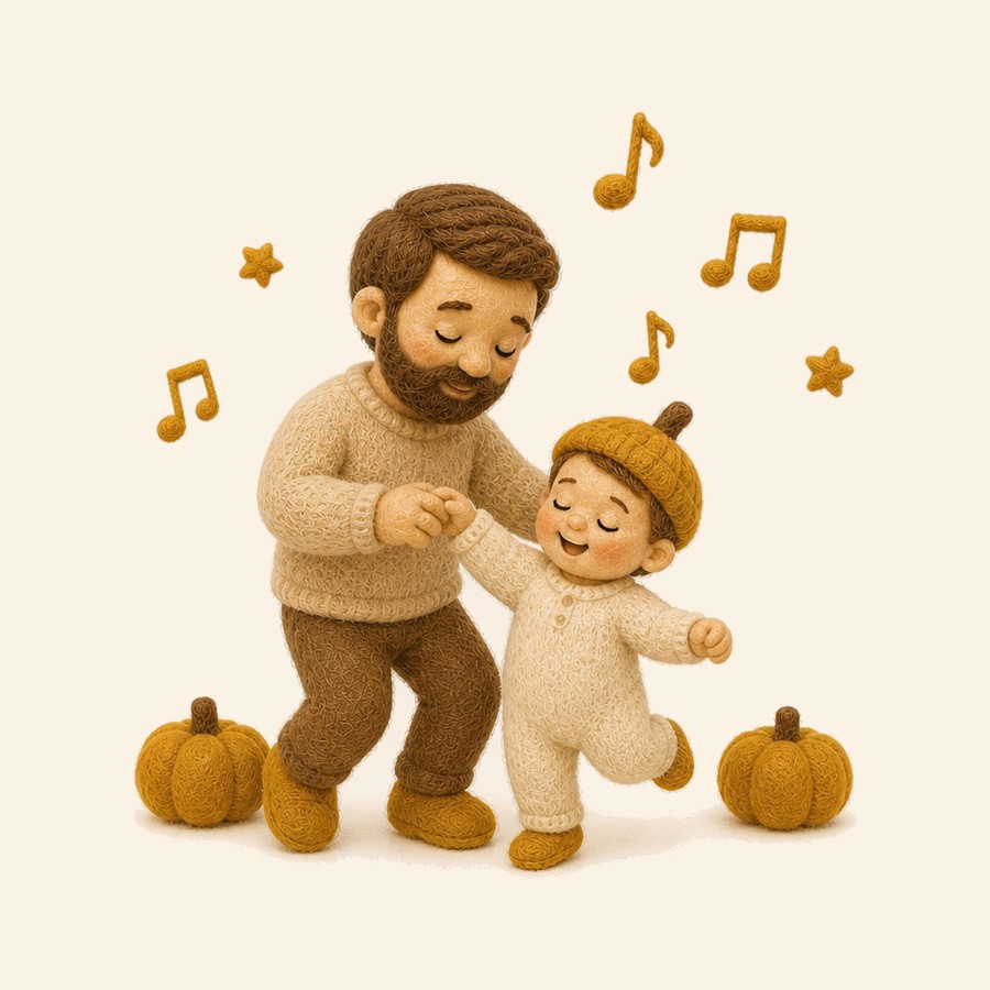 Papá y un niño pequeño bailando en casa con calabazas de fieltro y notas musicales