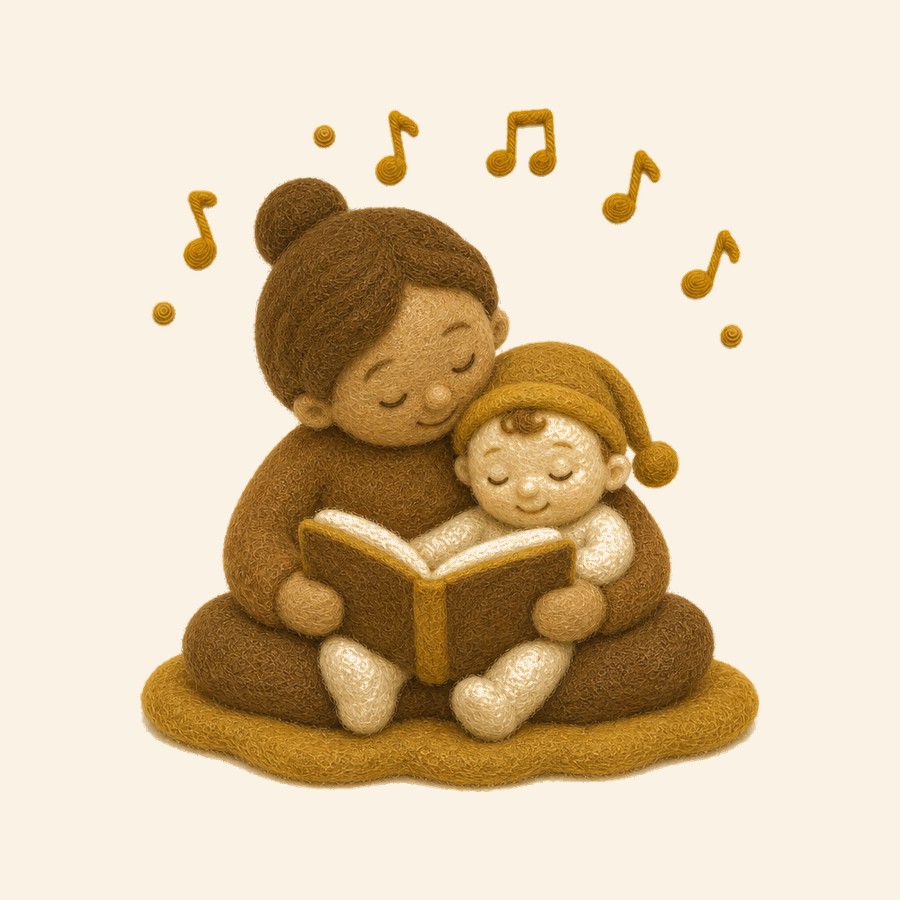 Adulto y niño de fieltro con libro de rimas musicales