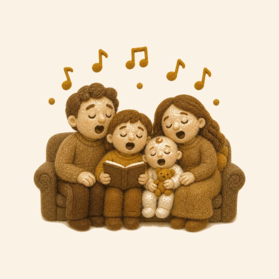 Familia de fieltro cantando juntas con notas musicales