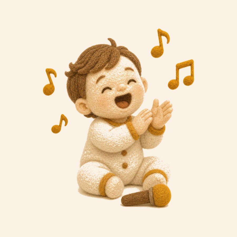 Niño de fieltro cantando y aplaudiendo