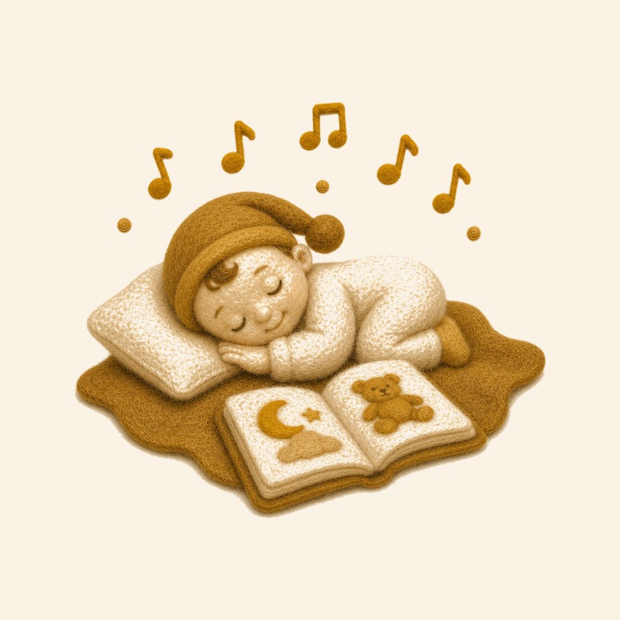 Bebé de fieltro durmiendo con libro y nana suave