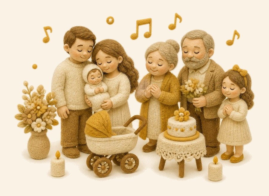 Familia reunida en un bautizo con el bebé y un clima musical cálido
