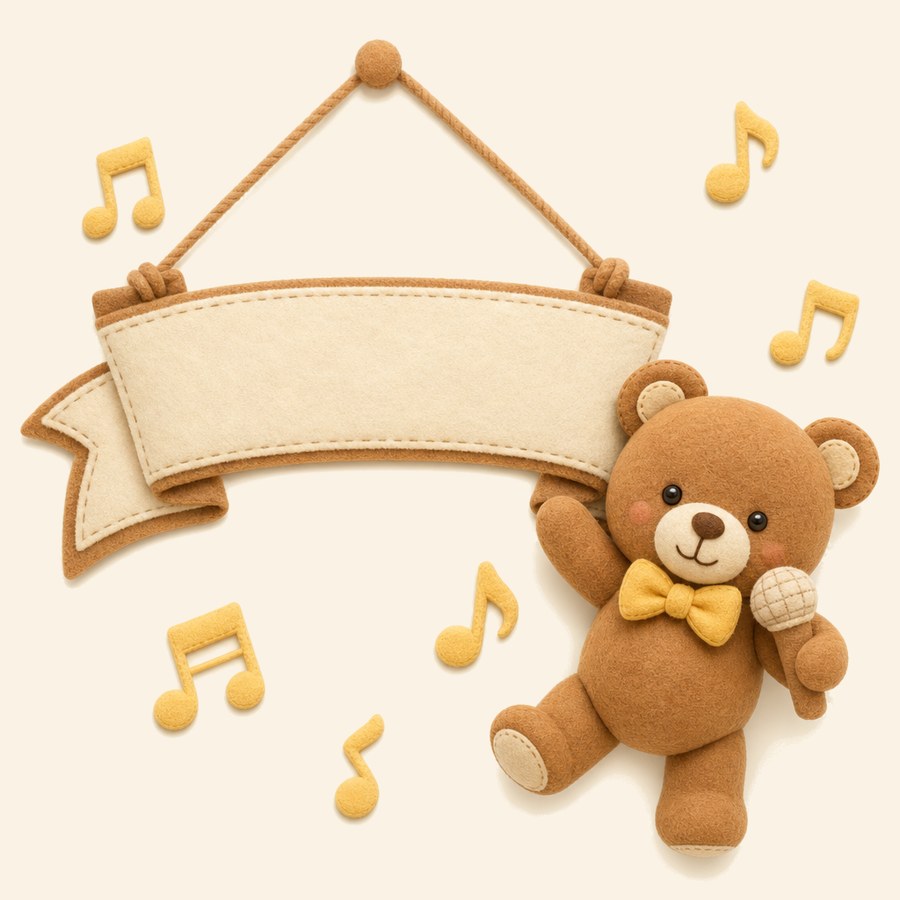 Banner con el nombre del bebé, osito y notas musicales de fieltro