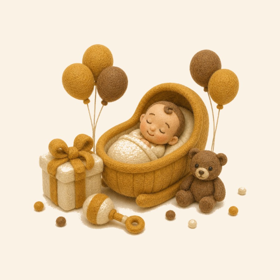 Baby shower de fieltro con cuna, regalos y globos en tonos cálidos
