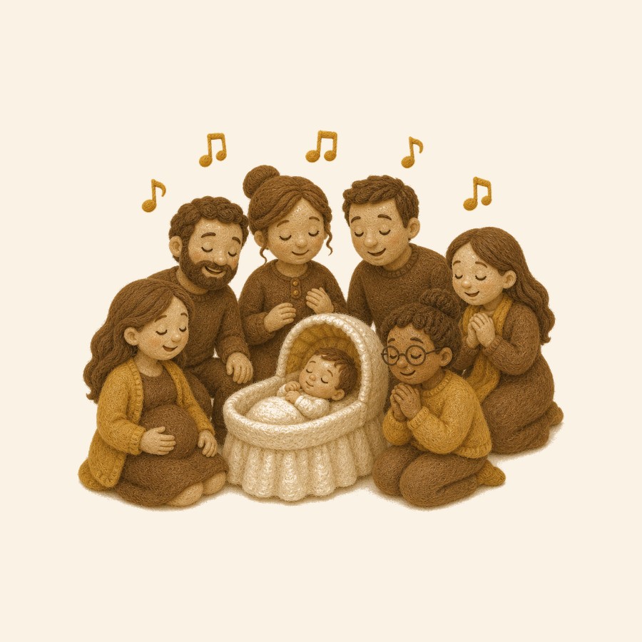 Familia de fieltro reunida en baby shower con notas musicales