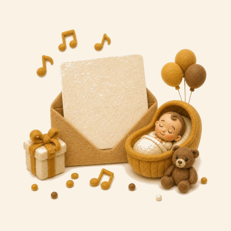 Invitación digital de baby shower con notas musicales de fieltro