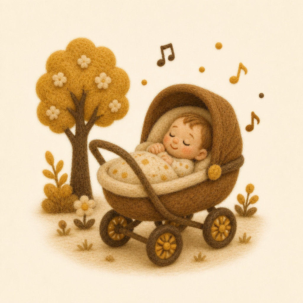 Bebé durmiendo tranquilo en el cochecito durante un paseo con música
