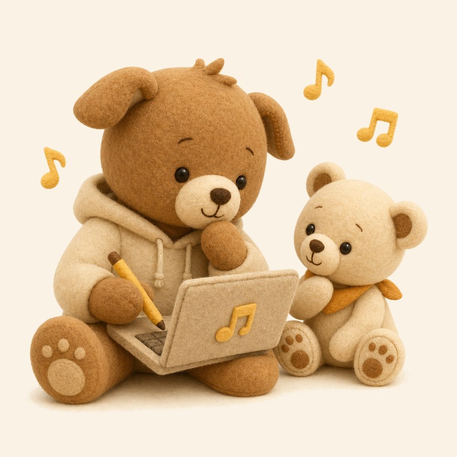 Adulto componiendo una canción junto a un osito de fieltro