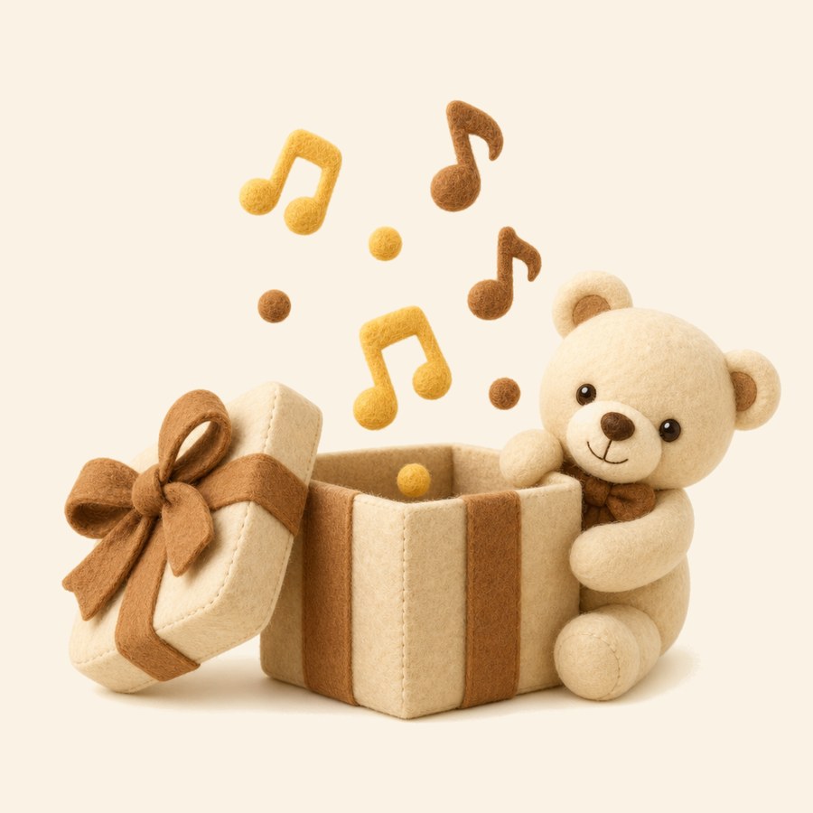 Caja de regalo abierta con notas musicales y un osito