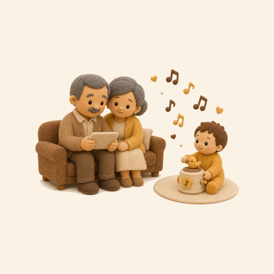 Abuelos y bebé conectados a distancia con una canción personalizada