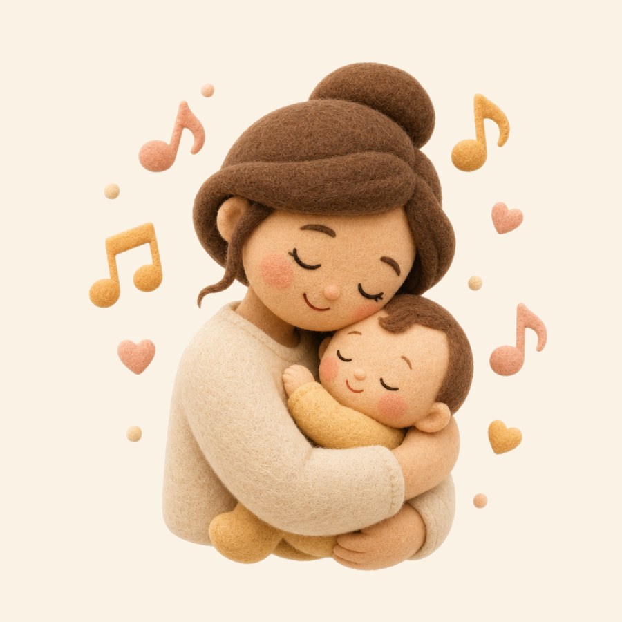 Padre o madre abrazando a su bebé rodeados de notas musicales