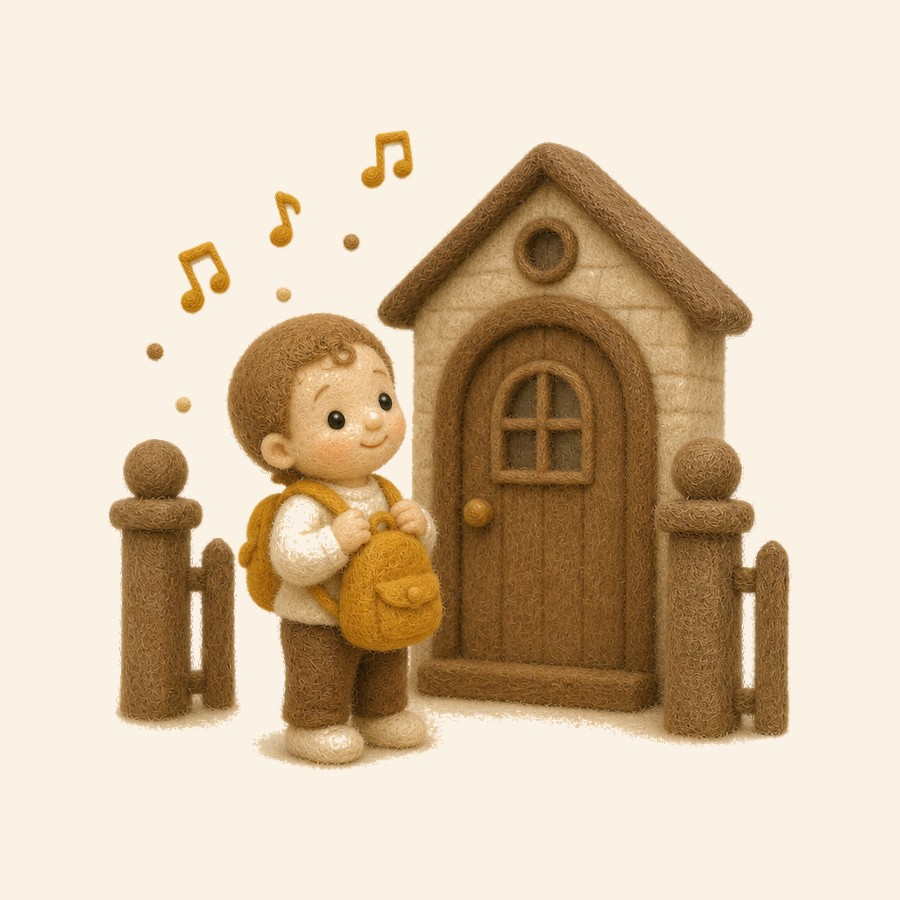 Niño de fieltro con mochila listo para el primer día de jardín