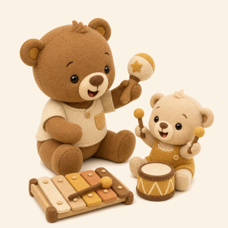 Adulto jugando con su bebé y juguetes musicales, sin teléfono
