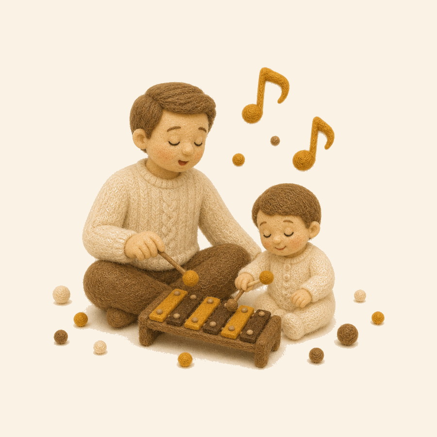 Padre e hijo de fieltro inventando una canción infantil con un xilófono de madera