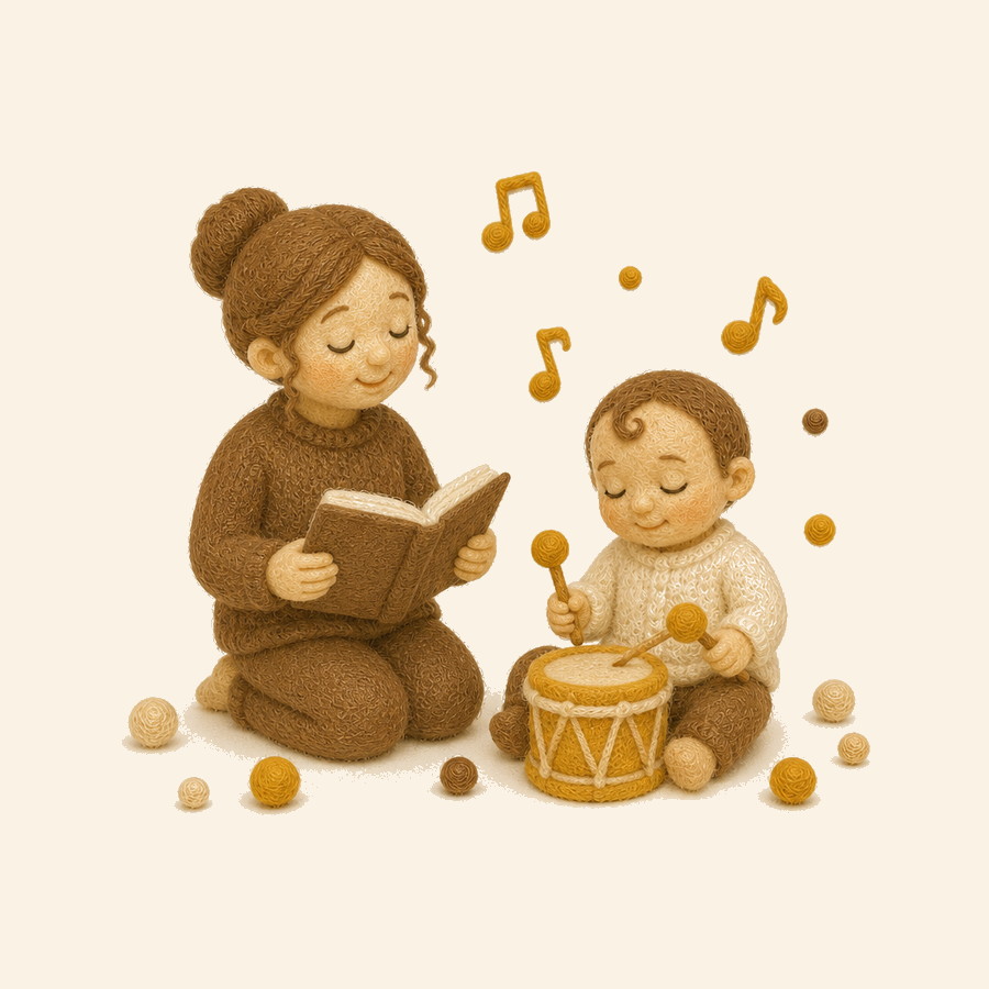 Madre e hijo de fieltro creando una canción casera con un cuaderno y un tambor