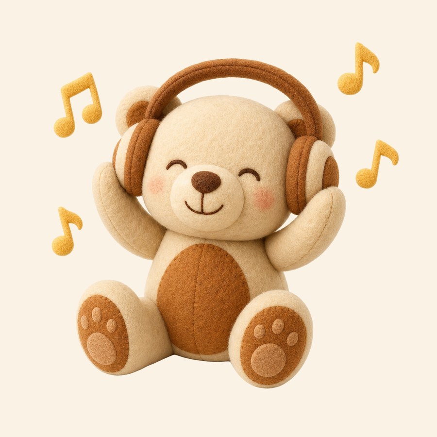 Osito con auriculares escuchando música feliz