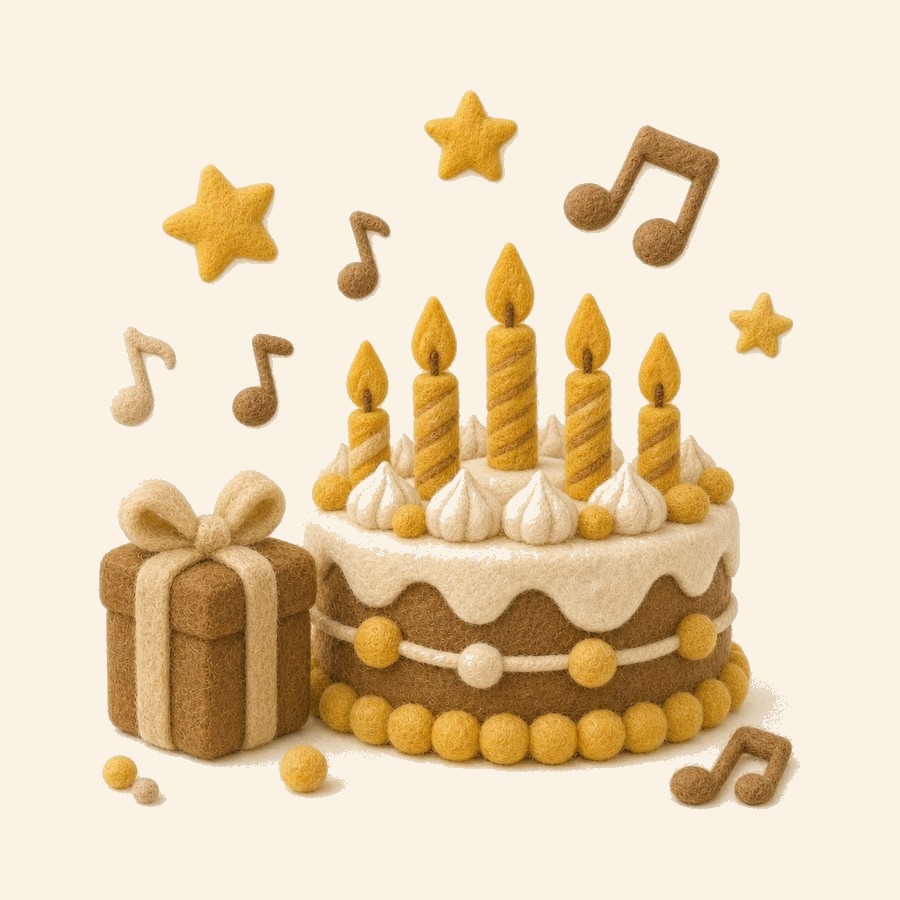 Torta de cumpleaños de fieltro con velas y notas musicales