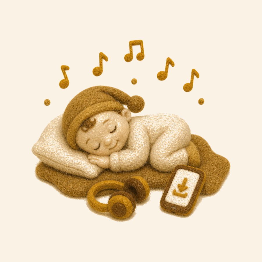 Bebé de fieltro durmiendo con nana y auriculares suaves