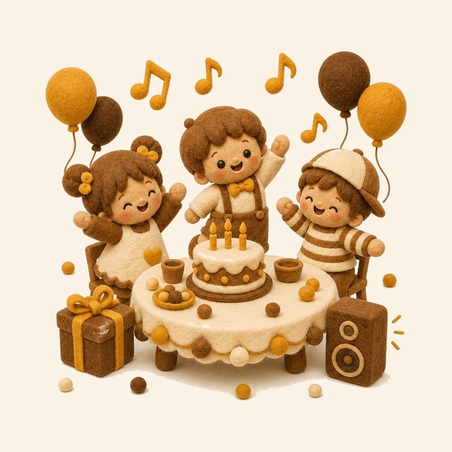 Fiesta infantil de fieltro con parlante, globos y niños bailando