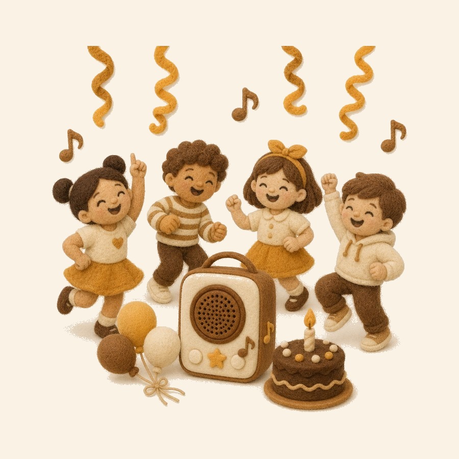 Celular con lista de reproducción de fiesta infantil y audífonos de fieltro
