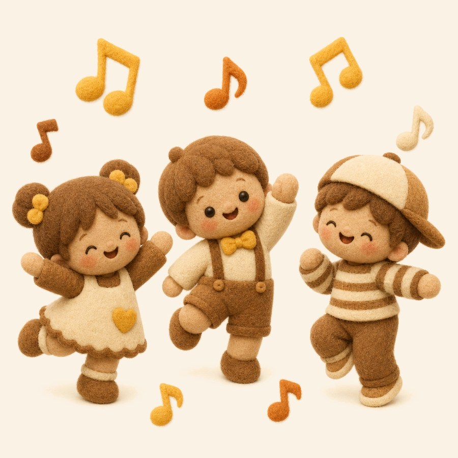 Niños de fieltro bailando con notas musicales de colores